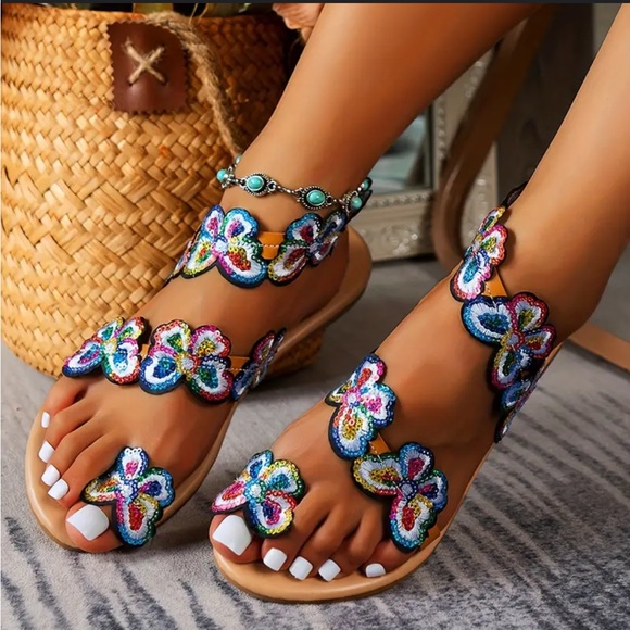 Colorful Rainbow Sequin Embroidery Butterfly Sandals - Picture 3 of 5